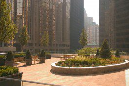 A courtyard with benches and trees in the middle of it.