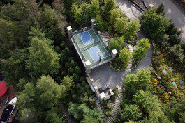 A tennis court in the middle of some trees