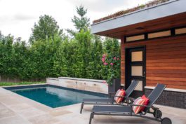 A pool with two lounge chairs and a bench.