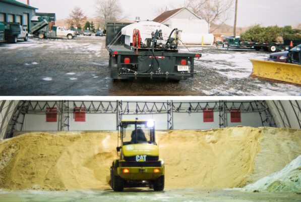 A truck and a forklift in the snow.