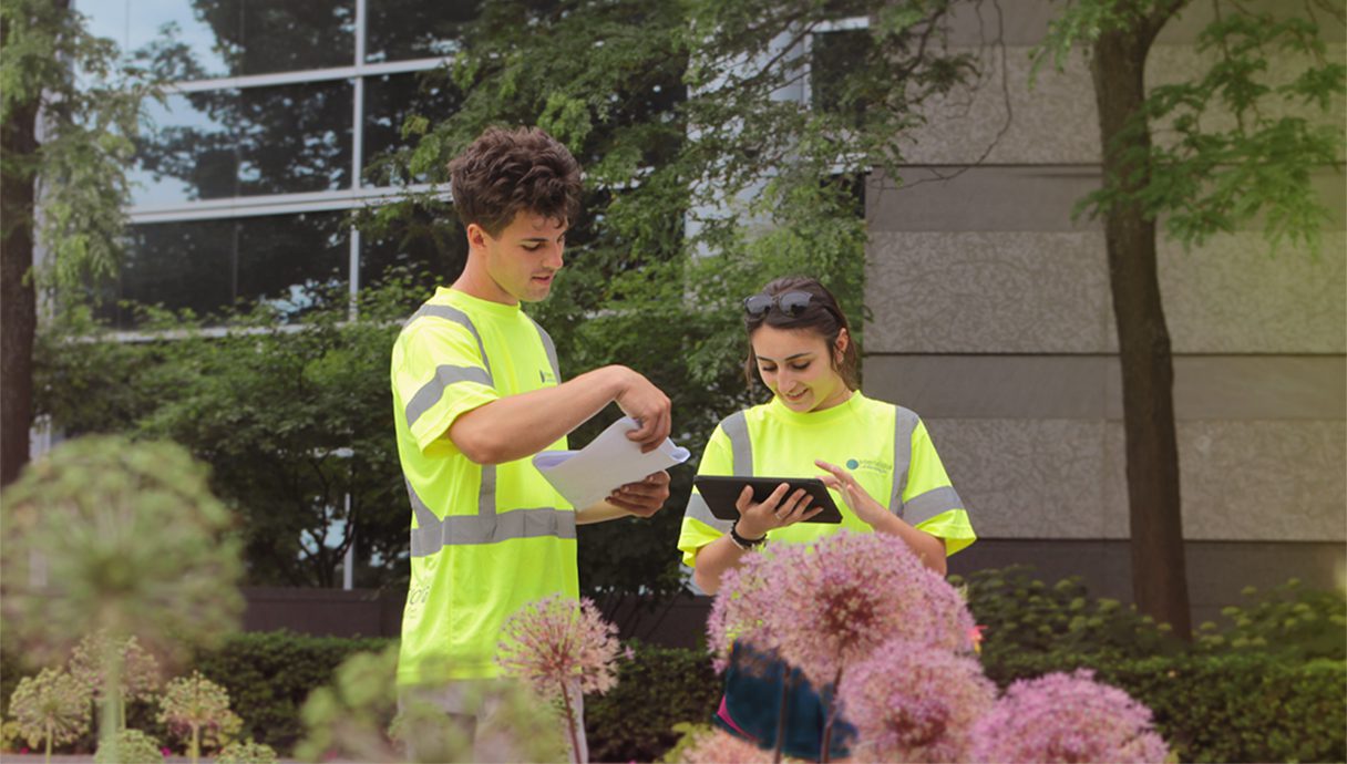 Two people in yellow vests looking at a tablet.